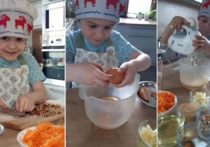 Zdjęcie przedstawia serię 3 zdjęć, na których ten sam chłopiec w czapce kucharskiej kroi orzechy, wybija jajko do miski, miksuje ciasto z użyciem miksera.